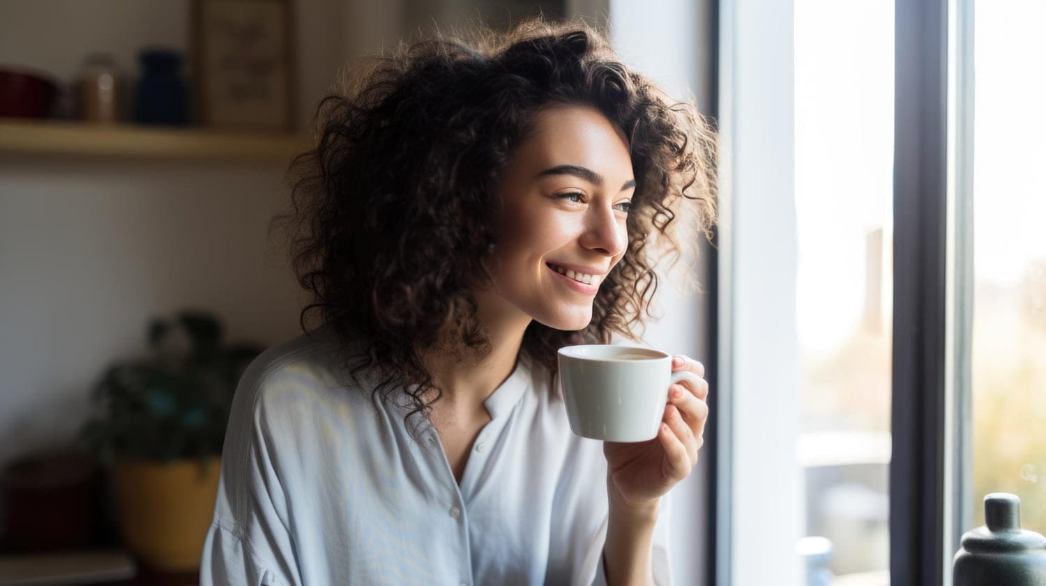caucasian woman enjoying mug coffee homely atmosphere created with generative ai technology