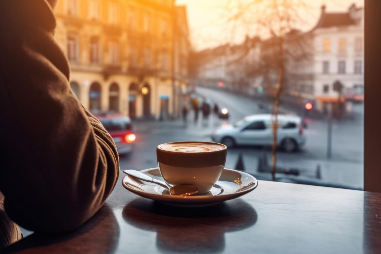 woman enjoying a cup of coffee in a european city